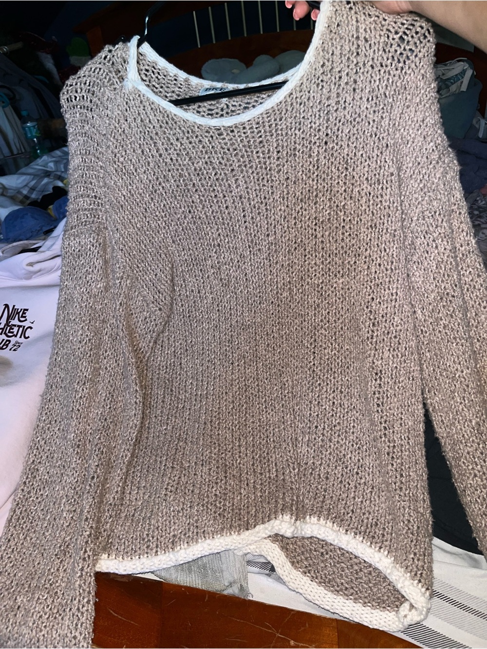 Light Brown Open-Knit Women's Sweater with Contrast Trim